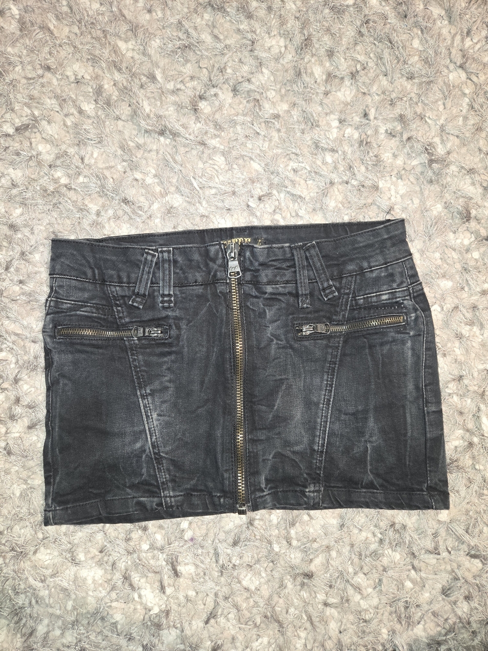 Zara Black Denim Mini Skirt with Front Gold Zip